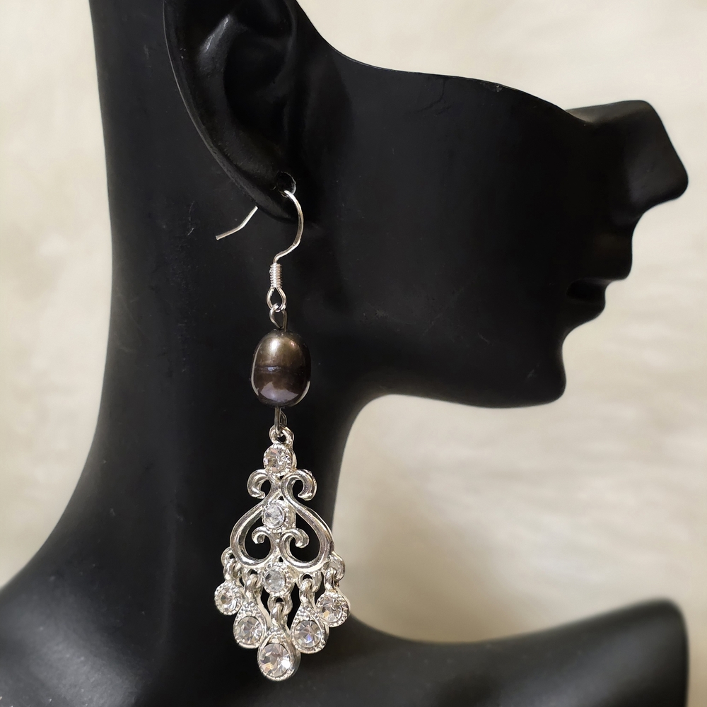 Black Pearl Ornate Dangle Earrings